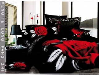 Cotton New Black 4pc Doona Duvet Quilt Cover Set Full size Red rose 
