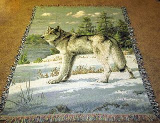 Watchful Pause ~ Gray Wolf Tapestry Afghan Throw