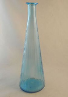   Mid Century Fluted Azure Blue Med Tall Slim Floor Vase Bottle 14 H