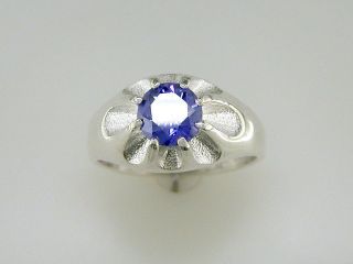 Mens 8 mm Round Tanzanite Blue CZ Textured Ring Sterling Silver Size 