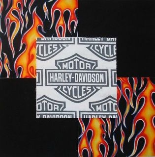   HARLEY DAVIDSON Shield Logo Red/Orange flames Quilt Fabric Squares