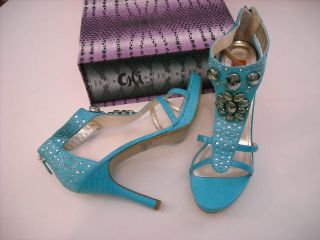 Chi Falchi Turquoise Snakeskin Jeweled T Strap Sandals