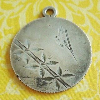 Victorian LOVE TOKEN ~ BUTTERFLY with BAMBOO coin charm ~ engraved FK 