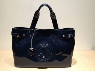 Armani Jeans logo dark blue patent top handle women handbag