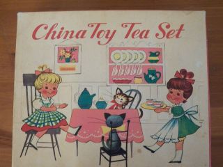 Vintage 21 pcs China Toy Tea Set in Original Box Japan Marked 50s 