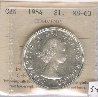 1954 CANADIAN SILVER DOLLAR IN MS 63 CONDITION GRADED BY ICCS #CJ 513