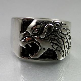   Mens Black Silver Bold Stainless Steel Wild Wolf Square Ring Size 12
