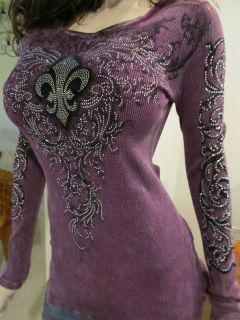 Vocal Soft Purple Mineral Wash Tattoo Top Shirt Western Bling Sexy S M 