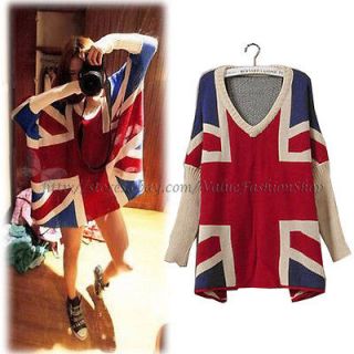  Fashion Womens Batwing V neck Jumper Loose Union Jack Pullover Sweater
