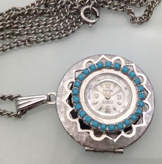   Swiss Made HILTON Nurse Locket Pocket Pendant Necklace Watch Turquoise