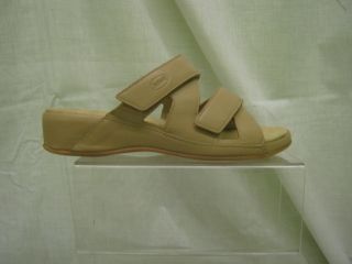 ladies scholl sandals, flat 2 velcro straps, beige, new nina 