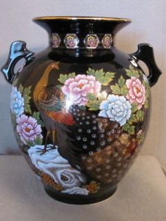 Vintage Black Porcelain Peacock Vase Urn with Handles and Flowers 