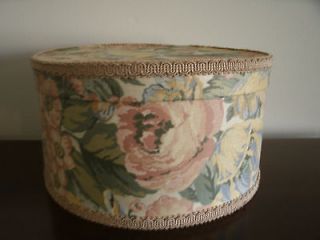 VINTAGE WOMENS HAT BOX FLORAL WALLPAPER OR CLOTH WITH DECORATIVE TRIM