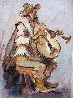 Vintage Original Watercolor of Street Musician Signed D Fontana 12 x 