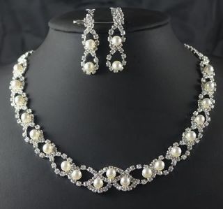   Bridal Bridesmaid Pearl crystal necklace earring Silver Jewelry set