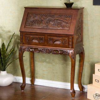 DROP FRONT SECRETARY WRITING DESK CARVED WOOD HUTCH BRITISH COLONIAL 
