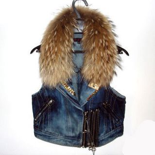 Fashional Ladys Blue Cowboy Raccoon Fur Collar Vest/Gilet/Waistcoat 