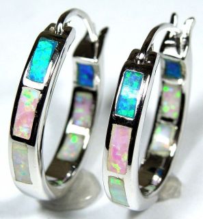 Hoop Earrings with Pink, White, Blue Fire Opal Inlay 925 Sterling 