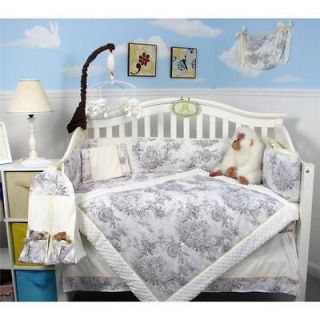 White & Charcoal French Toile Baby Crib Bedding Set 13 pcs included 