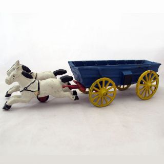 CAST IRON HORSES WITH BLUE WAGON YELLOW WHEELS TWO PIECE