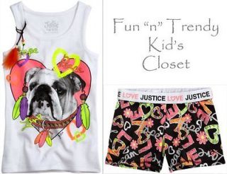 NWT JUSTICE GIRLS SIZE 8 & 10 OUTFIT LOT SET SHORTS TANK TOP SHIRT DOG 