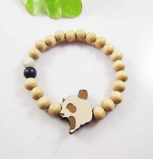   Bear Face Head Pendant Natural Wood Style Wooden Beads Rosary Bracelet