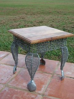Unique modern metal coil leg wood top small side accent table w/ capiz 