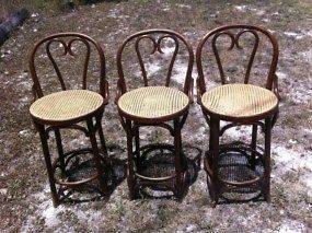 Vintage Set Of 3 Bentwood Cane Wood Wicker Thonet Stools Chairs