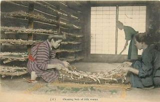 JAPAN WOMEN CLEANING BEDS OF SILK WORMS KIMONO R​89203