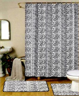 Black/White Zebra Bathroom Rug/Shower Curtain+Rings Set