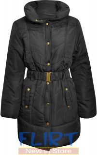 Womens Padded Jacket Ladies Quilted Belted High Collar Coat Long Warm 