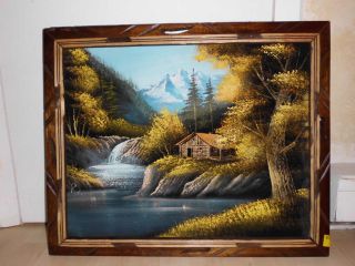 Vintage Framed Black Velvet Painting Country Lakeside Log Cabin Signed 