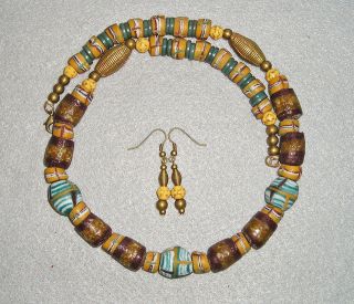 AFRICAN TRADE BEADS & BRASS Tribal NECKLACE & EARRINGS Set Ethnic 
