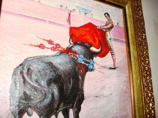Vintage Oil Painting framed Bullfighter Matador begining fight signed 