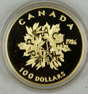 1986 Canada $100 Dollar Proof Gold Coin, International Peace, In Box w 