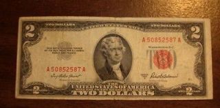 Red Seal 1953A US Currency $2 Dollar Bill Note Circulated Free 