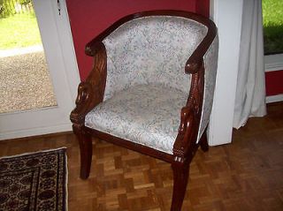PAIR OF EMPIRE CARVED MAHOGANY BARREL BACKED UPHOLSTERED CHAIRES