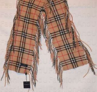 Burberry 100% Cashmere Camel Check Happy Fringe Scarf