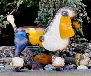 Garden Art POODLE DOG Yard Statues Hand Made Small side table Recycled 