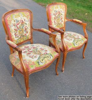 Pair Louis XV Style Mahogany Arm Chairs w/ Needlepoint Upholstery