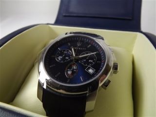 Maserati Mens Black and Blue Chronograph Trident Watch with Leather 