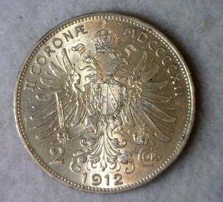 AUSTRIA 2 CORONA 1912 BU SILVER COIN