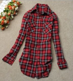 NEW Womens Plaid Long sleeve Blouse Front pocket Button front Check 