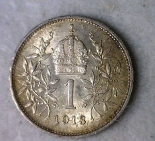 AUSTRIA 1 CORONA 1913 ABOUT UNCIRCULATED SILVER COIN