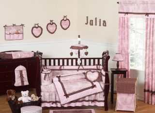 PINK BROWN TOILE 9p BABY CRIB BEDDING SET FOR NEWBORN GIRL BY SWEET 