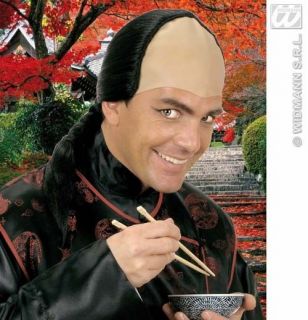 Mens Black Bald Wig With Black Plait Chinese Samurai Warrior Fancy 