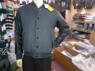 Gray Black Wool Varsity Jacket Wool Leather Long Sleeve Letterman 
