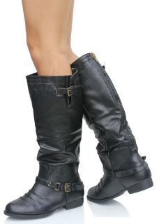 Black Faux Leather Buckle Back Zipper Knee High Riding Flat Boots 