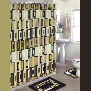 BROWN/GOLD BATH SET 2 Bath Mat/Rugs+Fabri​c Shower Curtain+Fabric 