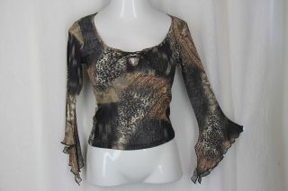 Bebe M Abstract Print Brown Tan Lace Up Scoop Neck Empire Waist Kimono 